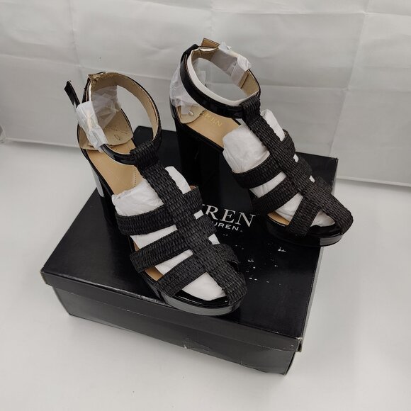 Ralph Lauren Francesca Raffia-Leather Sandal, Black, Women's Size 10 - Picture 1 of 9